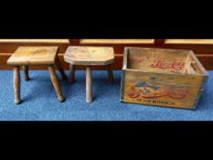 Pepsi Advertising Crate, together with two wooden milking stools.