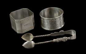 Collection of 925 Silver Napkin Holders & Sugar Tongs. All Hallmarked for Silver. Combined Weight