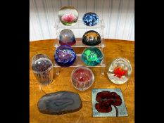 Box of Paperweights & Associated, includes nine glass paperweights, coasters, etc.
