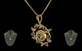 Antique Period Quality Ladies Exquisite 18ct Gold Pearl and Amethyst Set Open Work Pendant with