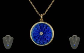Antique Period Ladies Quality 15ct Gold and Blue Enamel Circular Hinged Locket with Diamond Set