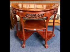 Chinese Demi-Lune Side Table, carved front, Rosewood half moon style, one central and two side