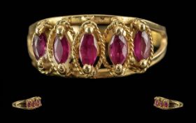 Antique Period Ladies Ornate Design 15ct Gold 5 Stone Ruby Set Ring. Tests 625 - 15ct. Well