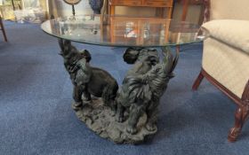 Modern Coffee Table with Resin Realistically Modelled Base, in the form of three elephants with