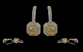 18ct White Gold Diamond Earrings, central yellow princess cut diamonds, surrounded by round