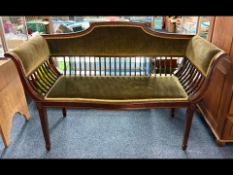 Edwardian French Salon Two Seater Settee, mahogany with spindle back and sides and green velvet