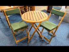 Small Teak Fold Up Wooden Garden Table by Kreta, with two matching folding chairs with removable