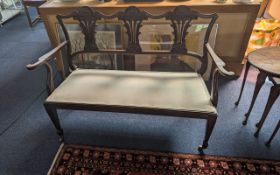 Victorian Mahogany Framed Two Seater Salon Seat, carved shell backs with acanthus design, square
