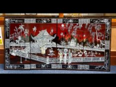 Black Lacquered Oriental Screen in Four Panels, decorated with scenes of a bridge with the One