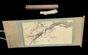 Oriental/Japanese Hanging Scroll, featuring a cherry blossom tree with flowers and birds. Finely