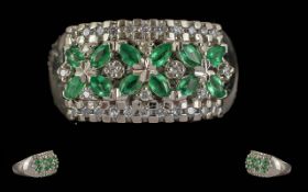 Ladies 14ct White Gold Diamond / Emerald Set Ring. Marked 14ct to Shank. Emeralds / Diamonds of