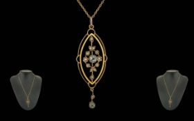 Edwardian Period 1902 - 1910 Ladies 9ct Gold Open Worked Pendant Set with Peridot Seed Pearls -