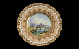 19th Century Cabinet Plate, with painted scene of river with bridge and castle. Diameter 9''.