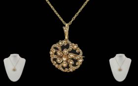 Antique Period Excellent 15ct Gold Seed Pearl Set Pendant - With Attached 15ct Gold Chain. Well