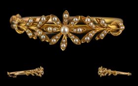 Antique Period Ladies - Pleasing 15ct Gold Hinged Bangle Set with Seed Pearls of Pleasing Design.