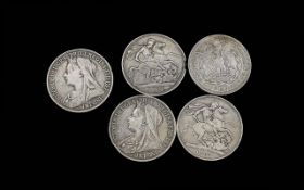 Collection of Five Crowns four Victorian coins, one dated 1896, two 1889 and one 1899, together with