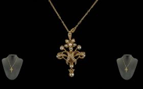Antique Period Fine 15ct Gold Ladies Pearl Set Open Worked Pendant - Attached to a 15ct Gold Stylish
