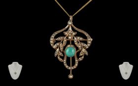 Antique Period Ladies 9ct Gold Open Worked Pendant Set with Turquoise and Seed Pearls. Attached to a