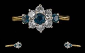Ladies - Pleasing 18ct Gold Sapphire / Diamond Set Cluster Ring. Tests 18ct Gold. Pleasing Form /