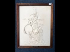 Framed White Plaster Wall Plaque, of a sailing ship 'A Tall Spaniard' 1588. Measures 26'' x 20''.