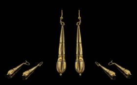 Victorian Period 1837 - 1901 Ladies 9ct Gold Long Drop Earrings of Pleasing Form. Tests 9ct.