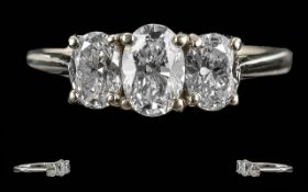 Ladies Top Quality Modern Platinum 3 Stone Diamond Set Ring - Marked Platinum To Shank. The 3 Oval