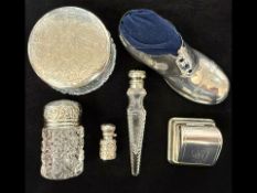 Small Mixed Lot Of Silver Related Items, To Include A Ring Box, Pin Cushion, Three Scent Bottles And