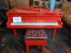 Fantastic Highly Glossed Red Lacquered Art Deco Baby Grand Piano, with matching stool. By Monnington