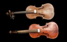 Two Antique Violins, of some age, in need of restoration, spliced and re-modelled. As found.