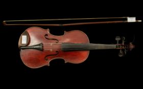 A Child Sized Violin in Case, unlabelled, with an associated Bow-Saxonia. Length 55 cm, body size 33
