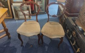 Two Victorian Dining Chairs, balloon back, carved legs, upholstered seats in green.