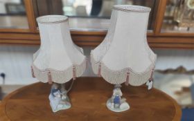 Pair of Nao for Lladro Figural Table Lamps, includes 'Girl with Rabbits' lamp, base approx 14'' tall