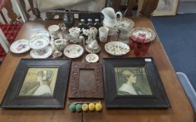 Box of Mixed Collectibles, to include two framed Arts & Crafts prints, an oak picture frame carved