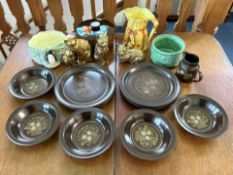Box of Miscellaneous, to include three brass cat figures, a Royal Doulton 'Basque' part dinner