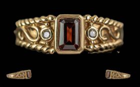 Ladies Superb Quality 9ct Gold Diamond & Orange Garnet Set Ring. Excellent ornate design. Full