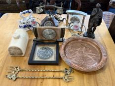 Box of Miscellaneous to include a clock, telephone, pottery water bottle, china iron ornament,