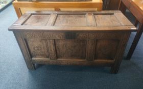 Jacobian Style Oak Panelled Coffer/Blanket Box, pegged construction with carved decoration. Triple