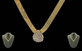 Ladies Excellent 14ct Gold Necklace with Diamond Set Drop. Weave pattern marked 14 ct. Est diamond