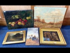 Five Antique Oil Paintings on Canvas, depicting country and coastal scenes with figures and