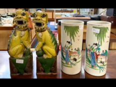 Pair Oriental Famile Verte Chinese Temple Dogs, 14'' high, with a pair of tall hat stand vases,