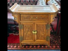 Chinese Hardwood Cabinet in the form of an alter table, one drawer above cupboard with card