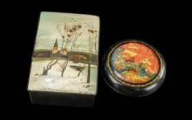 Two Russian Lacquer Boxes, both signed Cyrillic, one with a scene from a fairy tale, and the other a