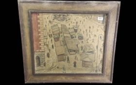 Primitive Painting Laid on Panel, depicts a busy street scene and market place, with Lowry type
