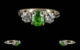 Ladies Pleasing 18ct Gold Three Stone Emerald & Diamond Set Ring, marked 18ct and Platinum to