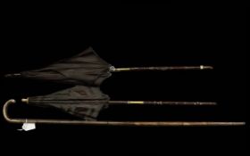 Victorian Silver Handled Cane Walking Stick, with two antique French parasols with carved hardwood