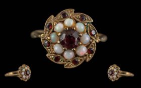 Ladies Pleasing 9ct Gold Opal & Garnet Set Cluster Ring, ornate shank and setting. Full hallmark