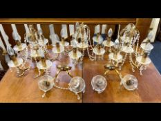 Three Brass & Crystal Glass Chandeliers, various sizes, with two matching modern wall lights in