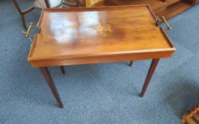 Wooden Fold-Down Tray Table, inlaid central pattern, brass handles, measures 27'' length, 17''