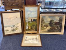 Four Miscellaneous Paintings, three oils on canvas depicting figures in country settings and