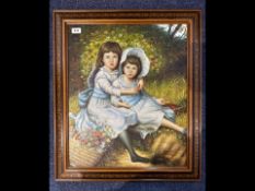 Oil Painting on Canvas depicting two young girls in a forest setting, signed M Blanco. Framed,